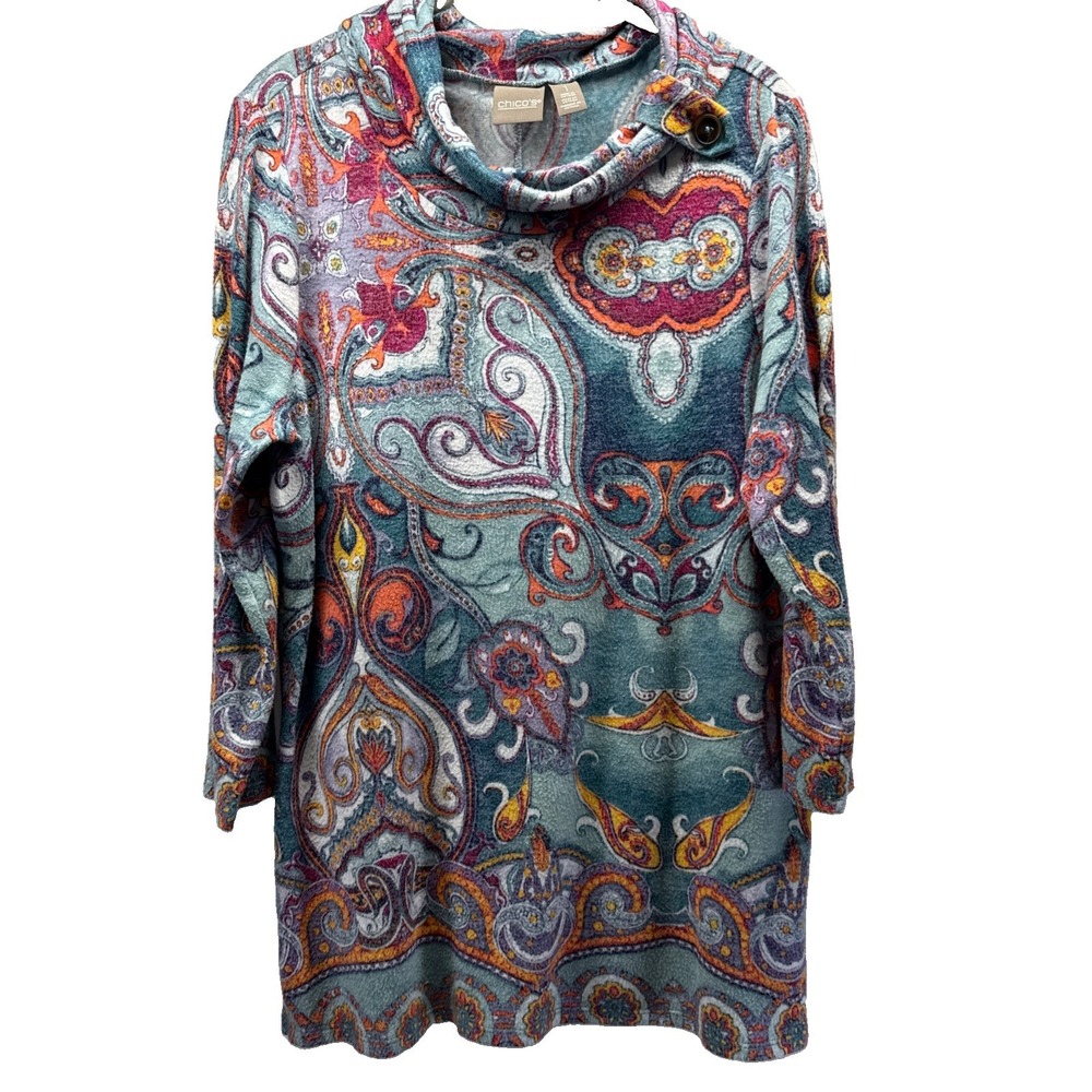 Chicos Women's Top Size Med Colorful Paisley Artsy Cowl Neck 3/4 Sleeve Pullover